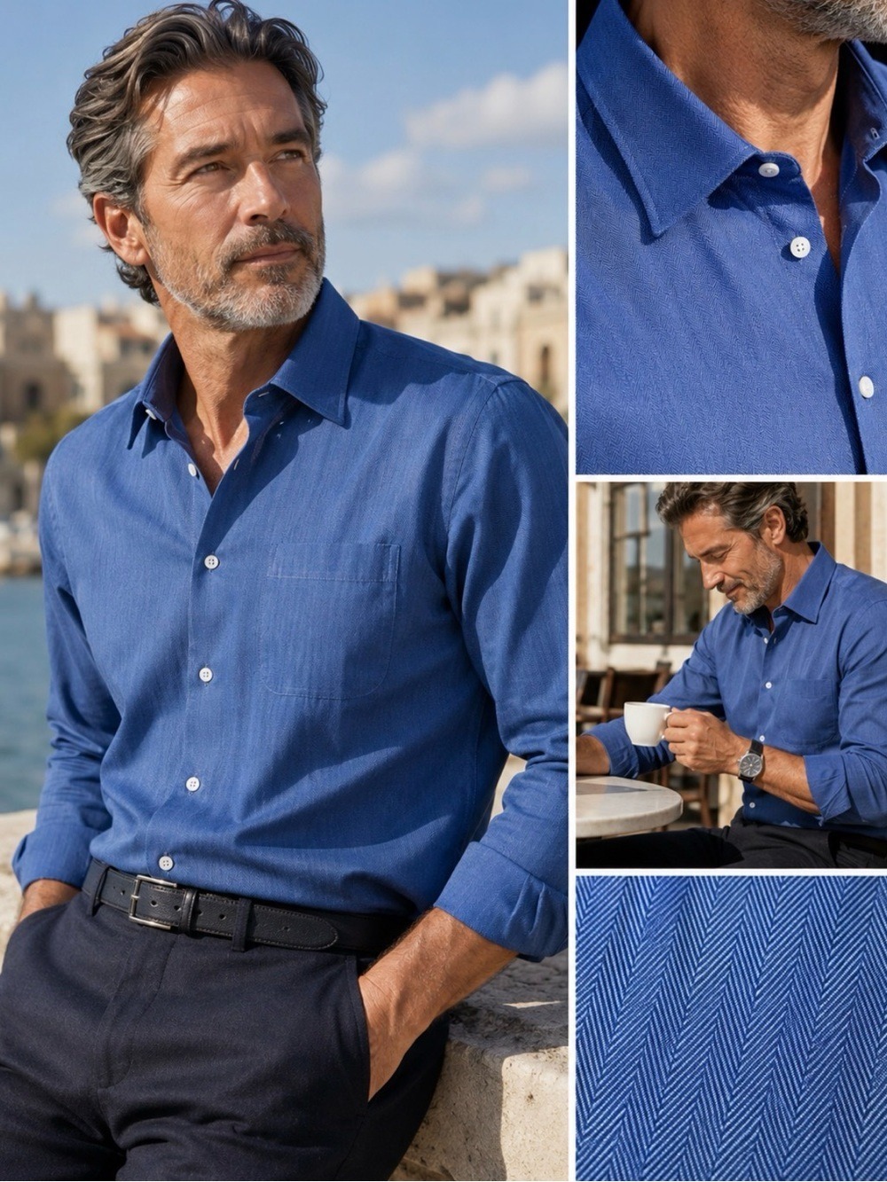 John W Nordstrom Tailored Fit Blue Herringbone Dres Shirt 17.5 35 Italian Fabric